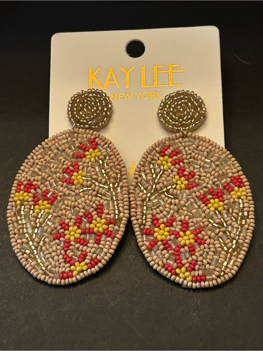 Handmade Beige Seed Bead Floral Drop Earrings with Red & Yellow Accents